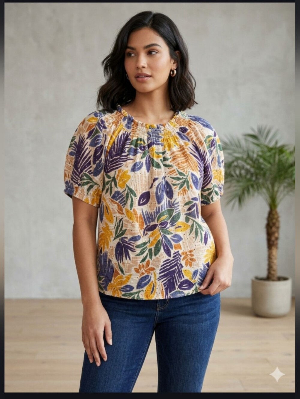 Wit & Wisdom Multi-Colored Tropical Leaf Print Eyelet Blouse NWT